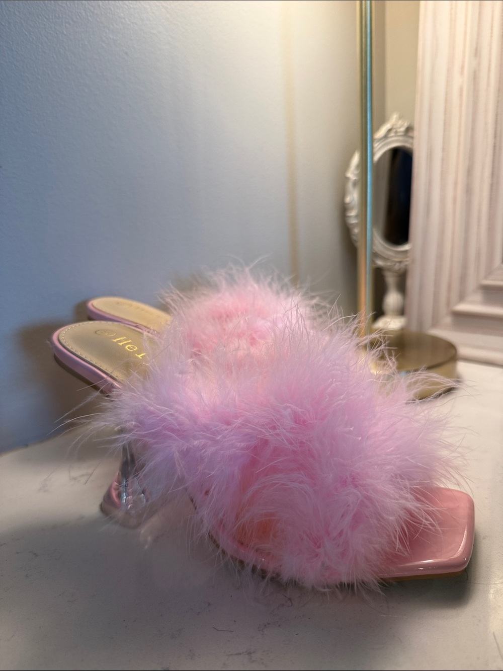Pink Feathered Slide Mules